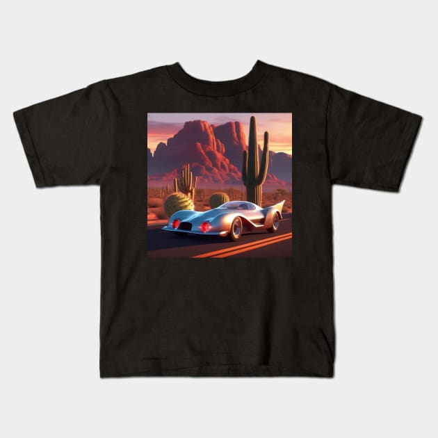 A Retro-Futuristic Racing Car Travelling Through The Arizona Desert At Dusk. Kids T-Shirt by Musical Art By Andrew